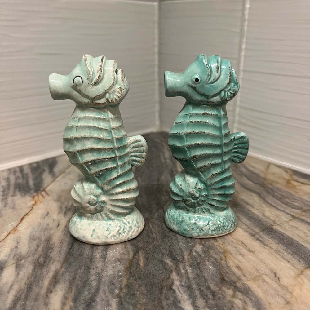 Salt & Pepper ceramic shakers  Seahorses Aqua Teal Green color